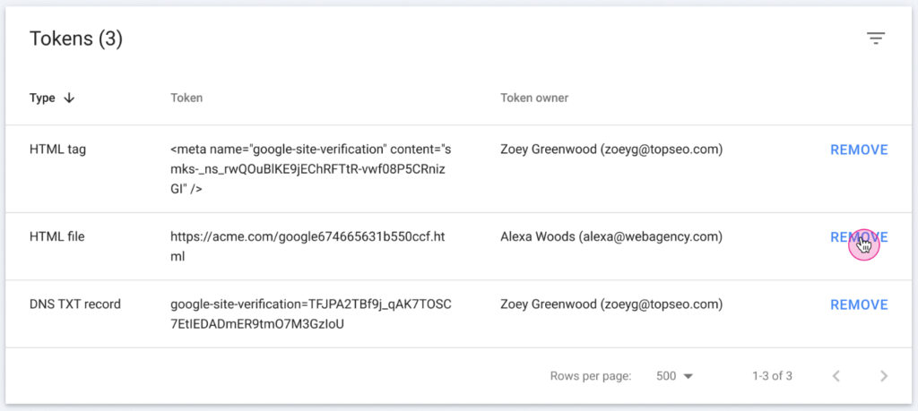 google search console ownership token management